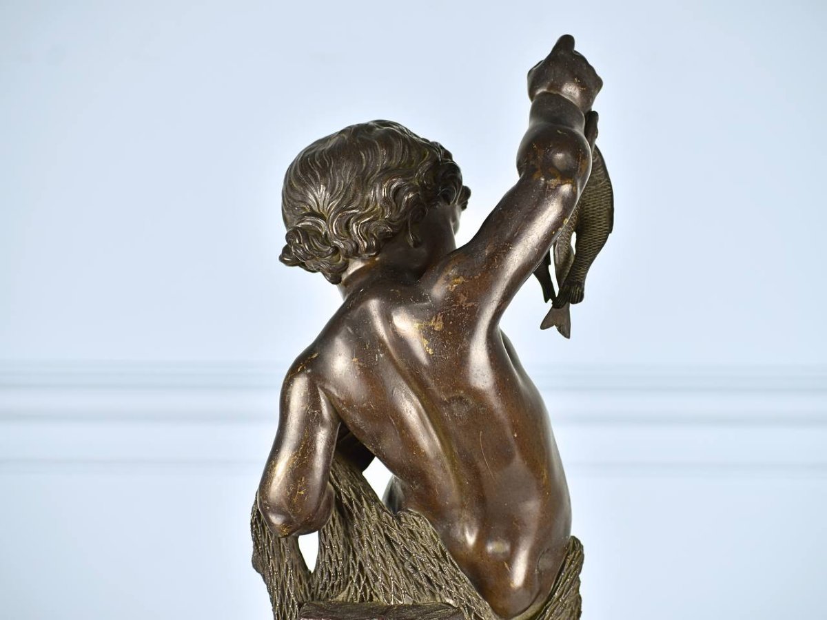 Paul Emile Machault, Ancient Figural Sculpture In Bronze, Putti Or Boy With Fish-photo-3