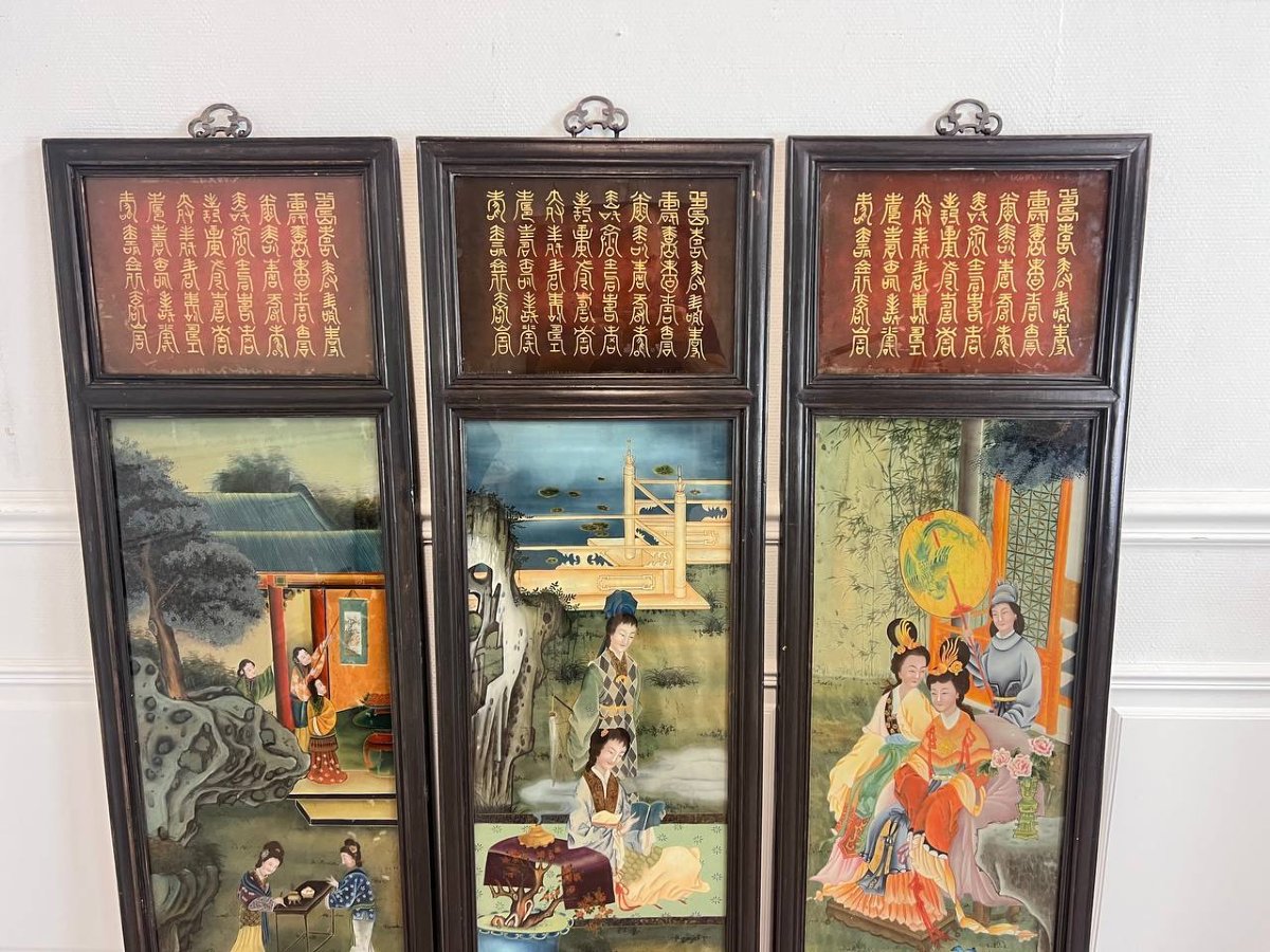 Screen Or Wall Panels, Paintings Fixed Under Glass China, Qing Dynasty, Late 19th Century-photo-2