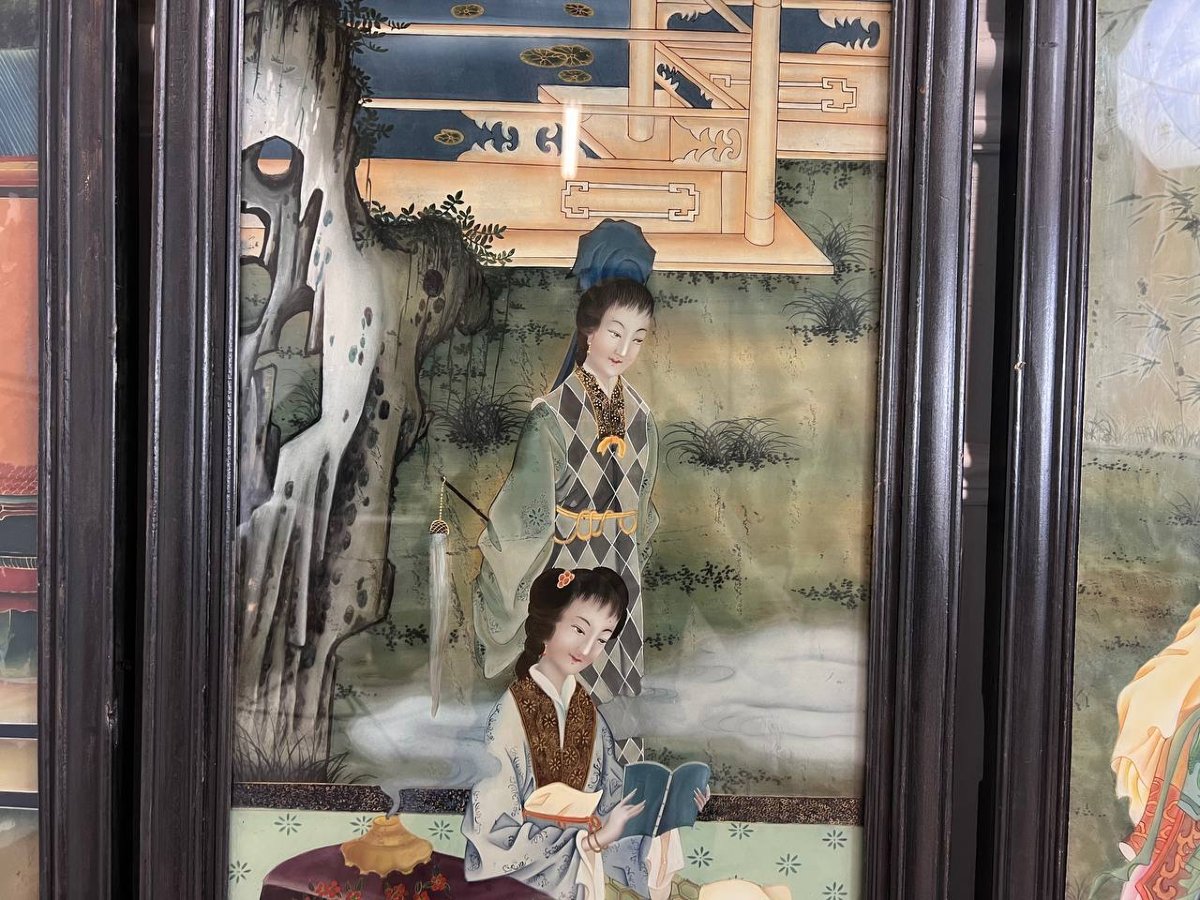 Screen Or Wall Panels, Paintings Fixed Under Glass China, Qing Dynasty, Late 19th Century-photo-1
