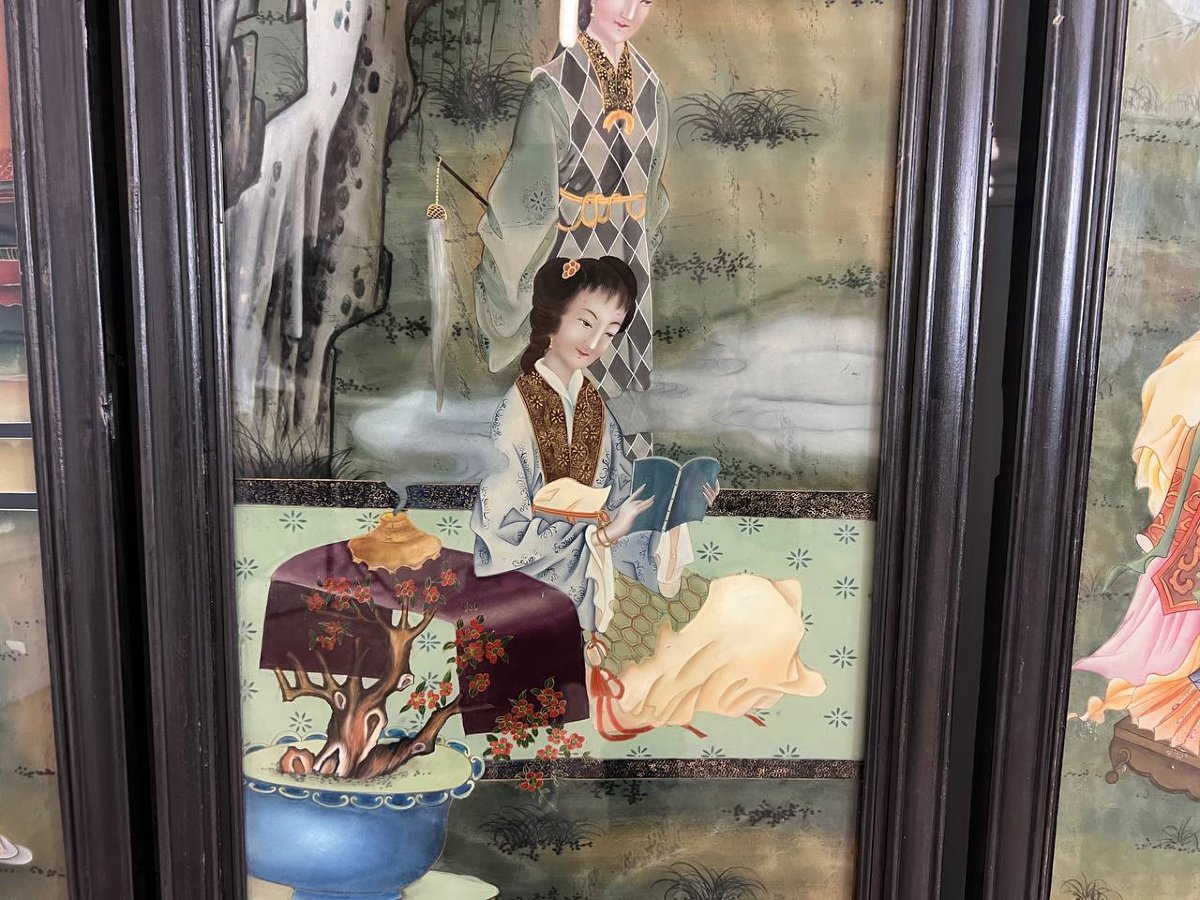 Screen Or Wall Panels, Paintings Fixed Under Glass China, Qing Dynasty, Late 19th Century-photo-2