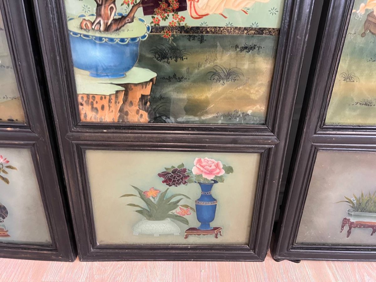 Screen Or Wall Panels, Paintings Fixed Under Glass China, Qing Dynasty, Late 19th Century-photo-3
