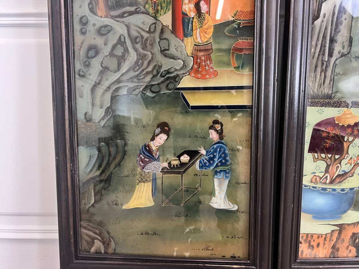 Screen Or Wall Panels, Paintings Fixed Under Glass China, Qing Dynasty, Late 19th Century-photo-5