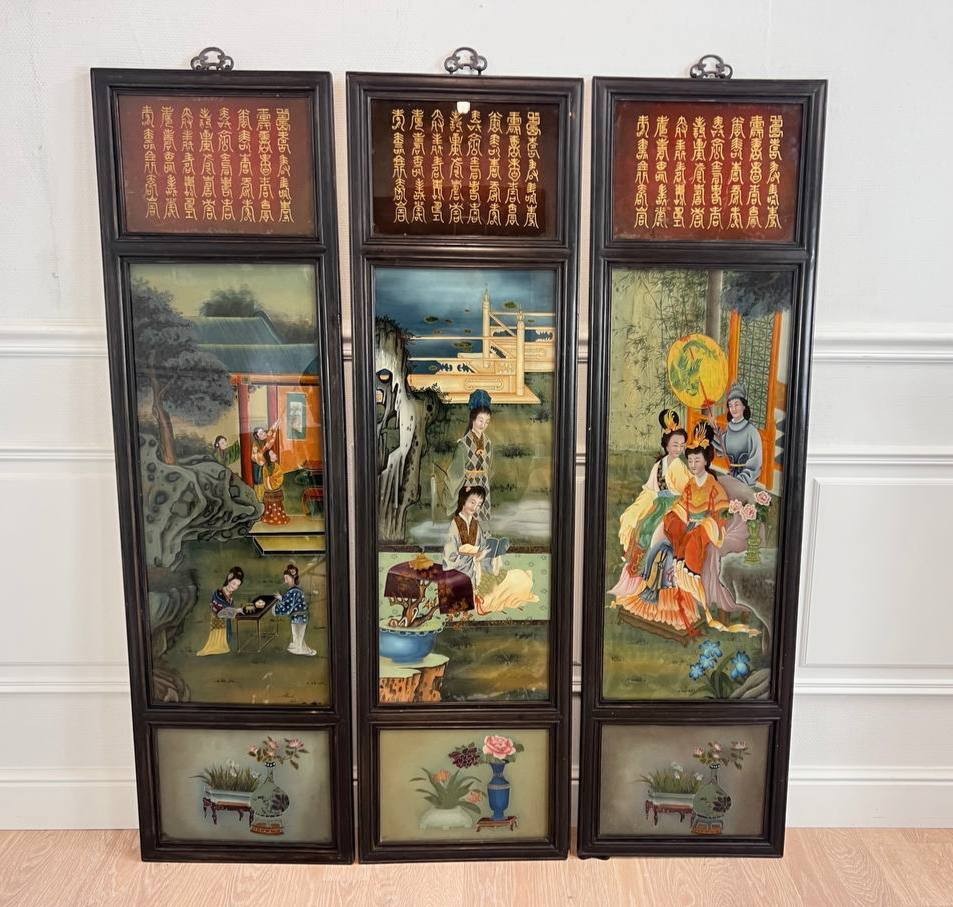 Screen Or Wall Panels, Paintings Fixed Under Glass China, Qing Dynasty, Late 19th Century