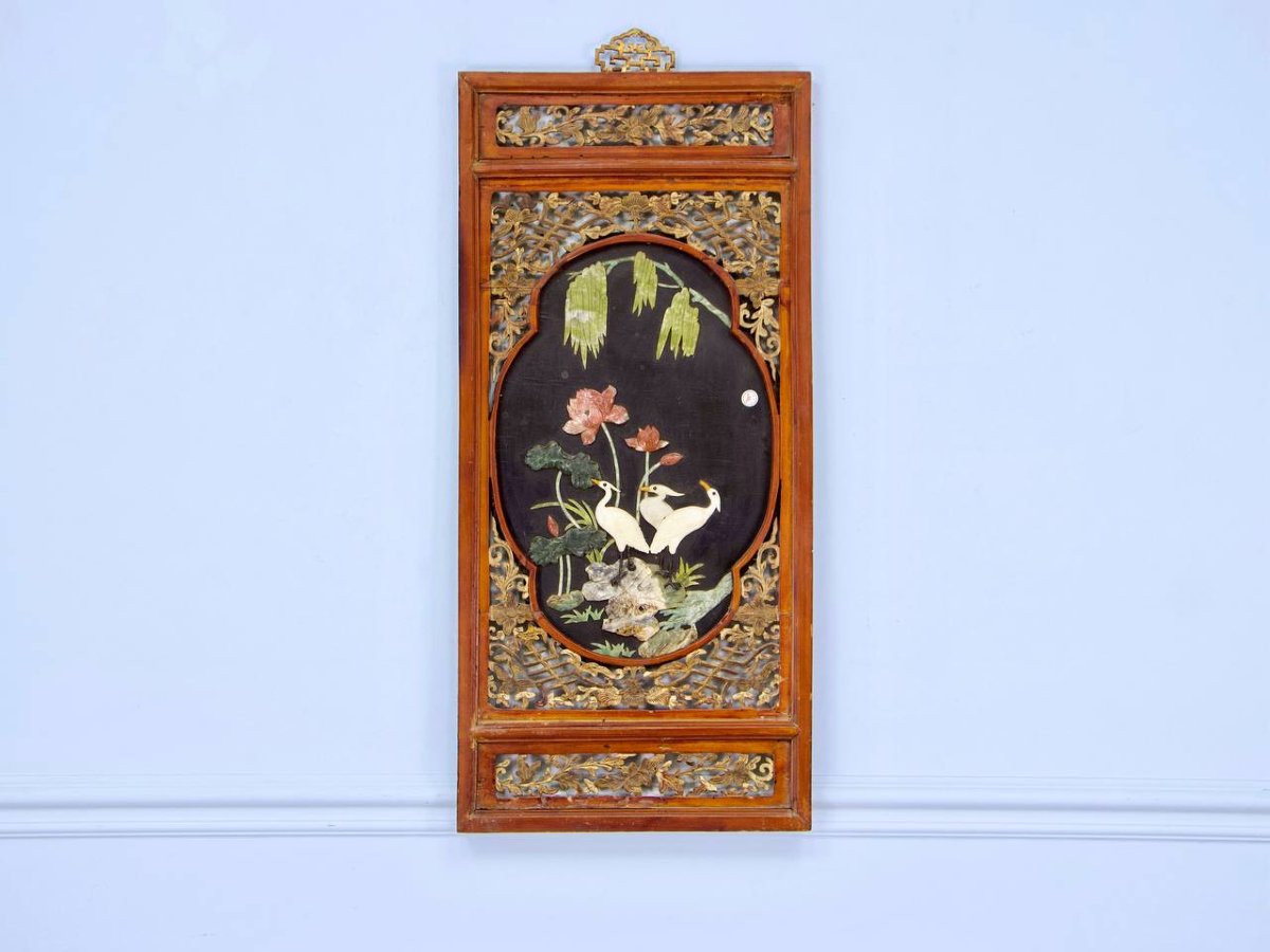 Asian Carved Wood Wall Panel, Stone Inlay, China Or Vietnam-photo-4