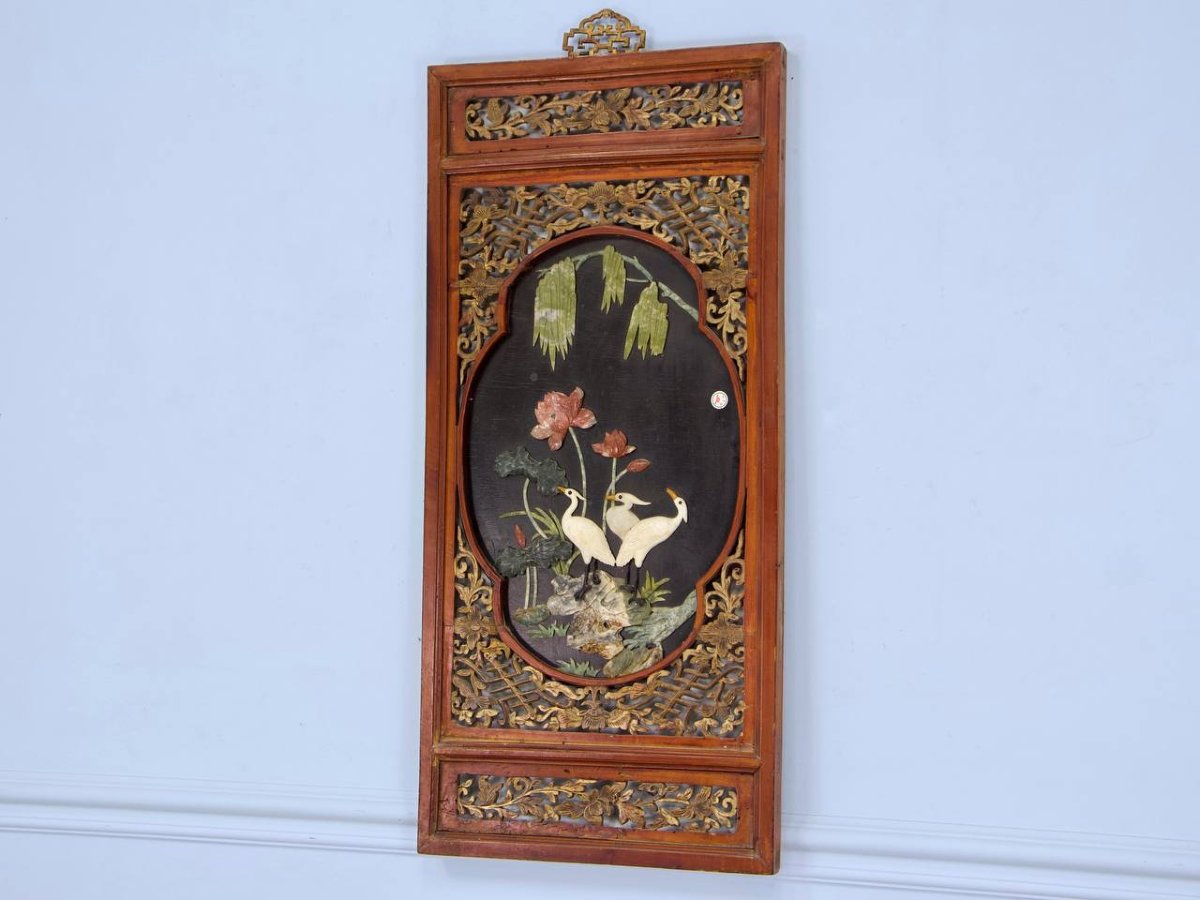 Asian Carved Wood Wall Panel, Stone Inlay, China Or Vietnam-photo-1