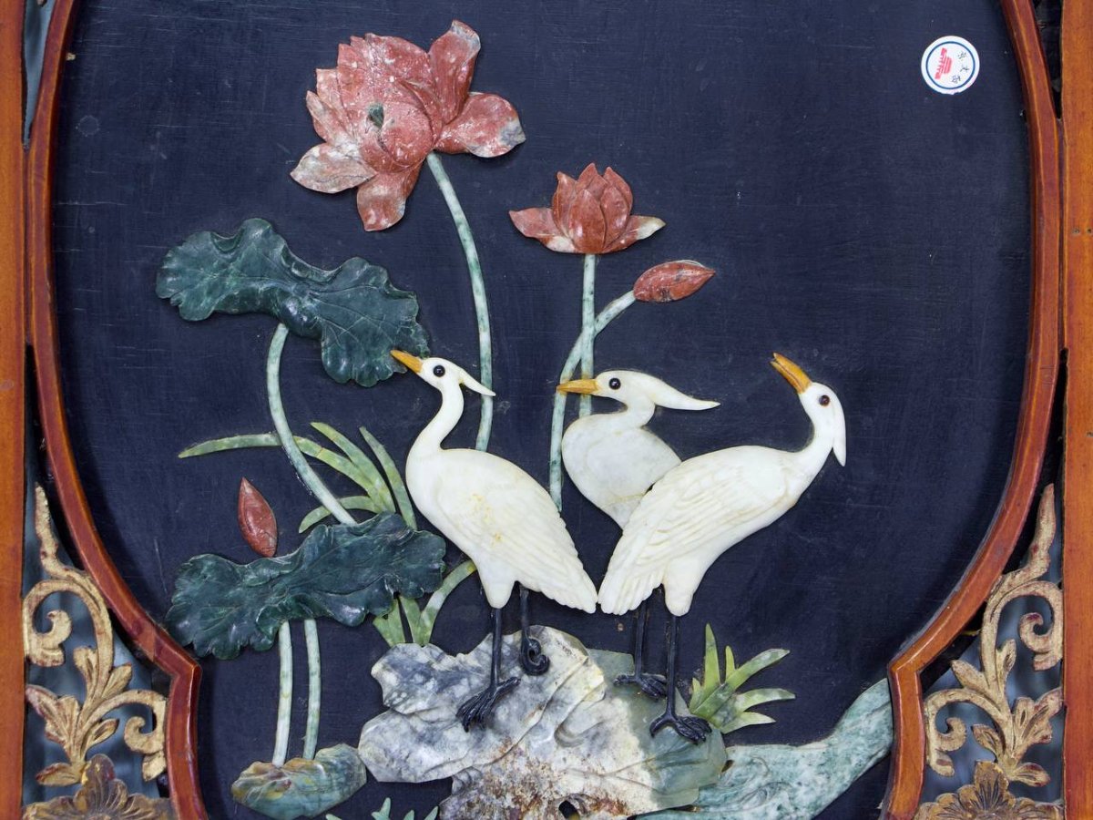 Asian Carved Wood Wall Panel, Stone Inlay, China Or Vietnam-photo-2