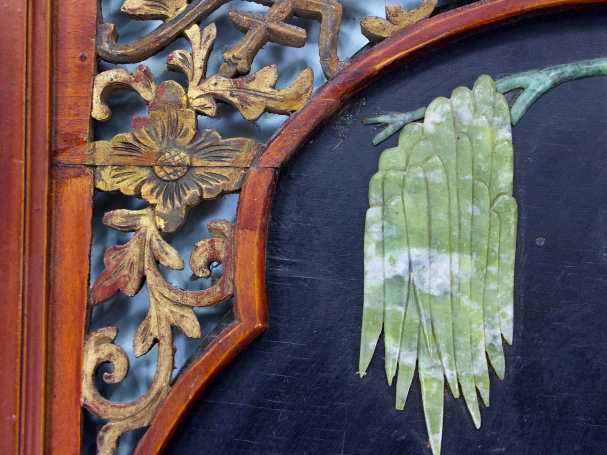 Asian Carved Wood Wall Panel, Stone Inlay, China Or Vietnam-photo-3