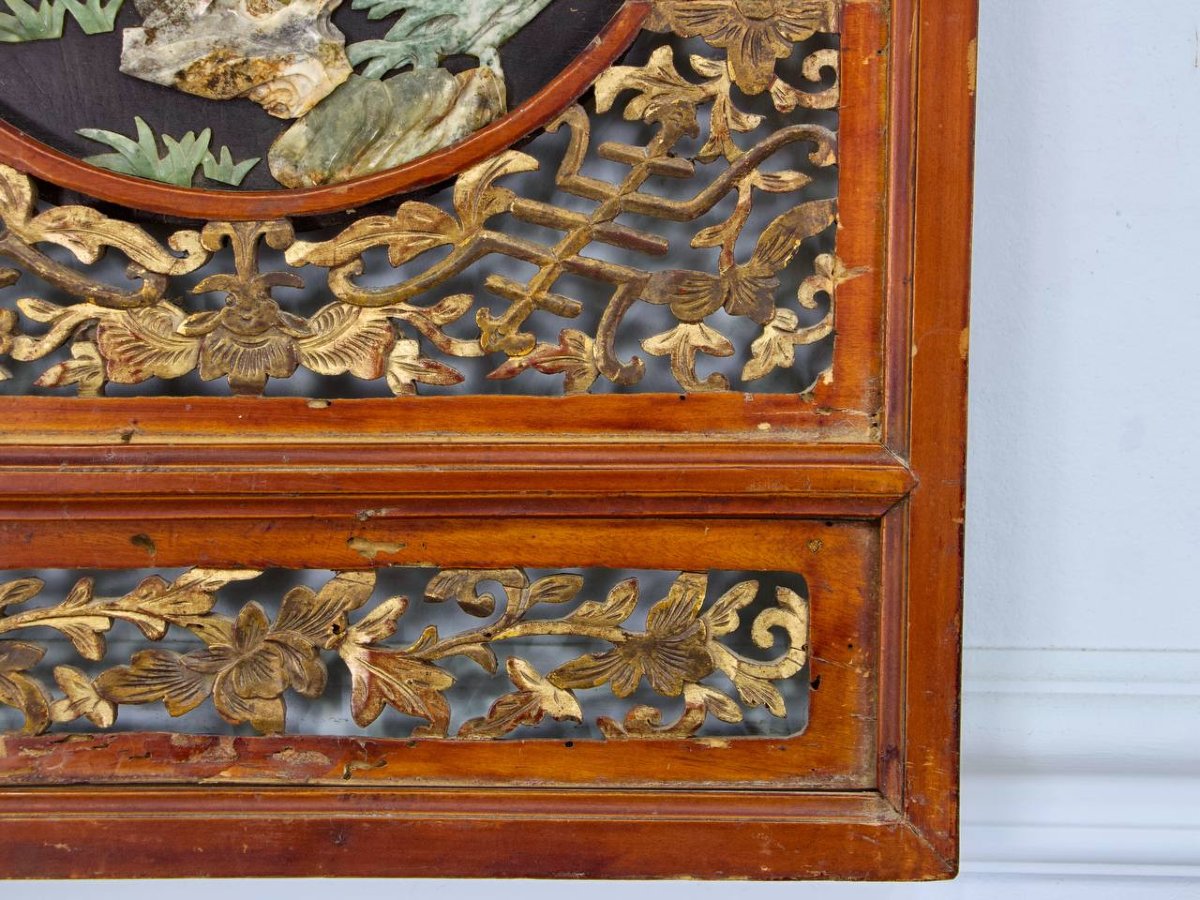 Asian Carved Wood Wall Panel, Stone Inlay, China Or Vietnam-photo-5