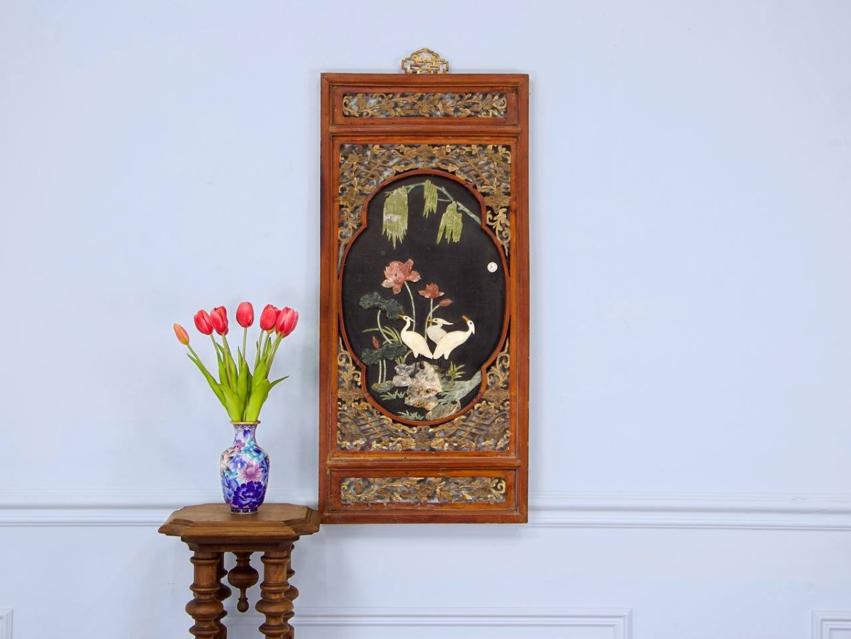 Asian Carved Wood Wall Panel, Stone Inlay, China Or Vietnam