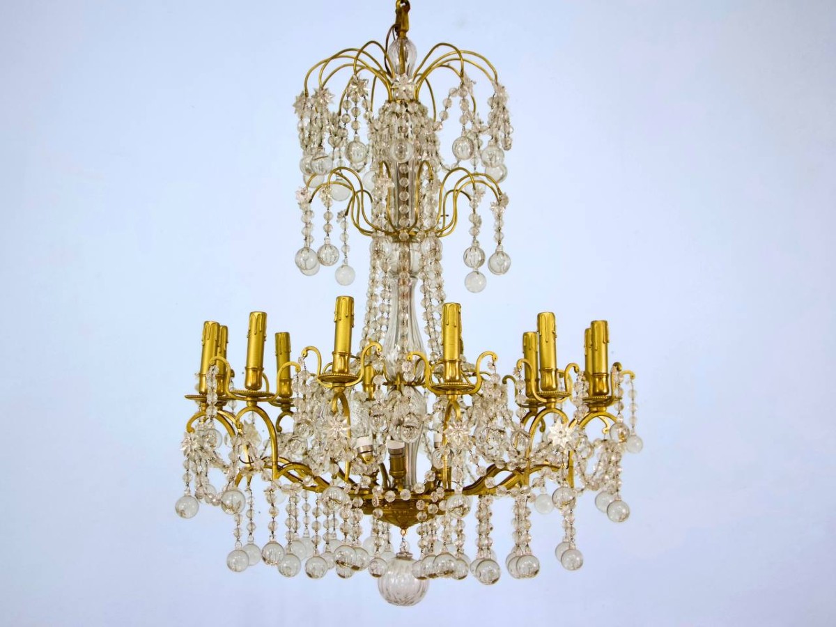 Antique Crystal And Bronze Chandelier