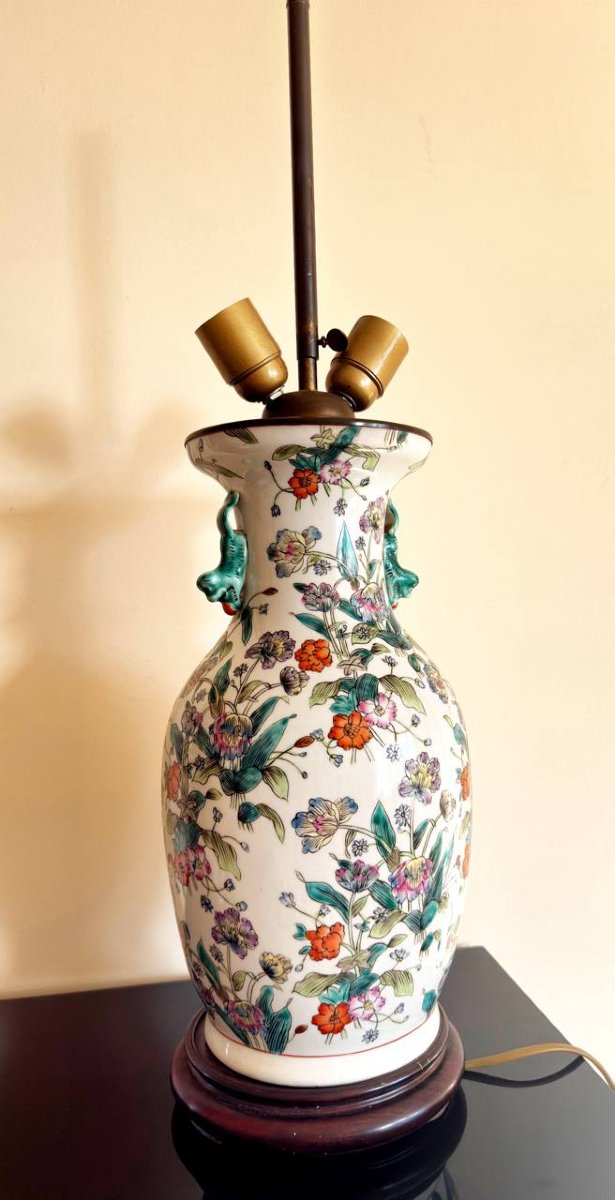 Baluster Vase With Flared Neck, In Porcelain And Polychrome Enamels Mounted As A Lamp-photo-2