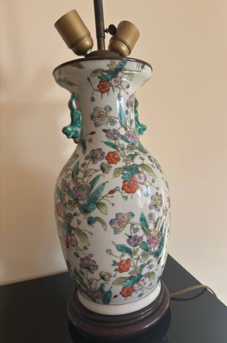 Baluster Vase With Flared Neck, In Porcelain And Polychrome Enamels Mounted As A Lamp-photo-3