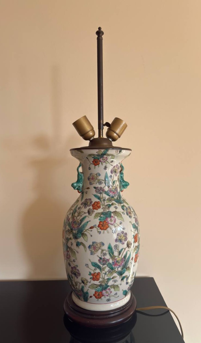 Baluster Vase With Flared Neck, In Porcelain And Polychrome Enamels Mounted As A Lamp