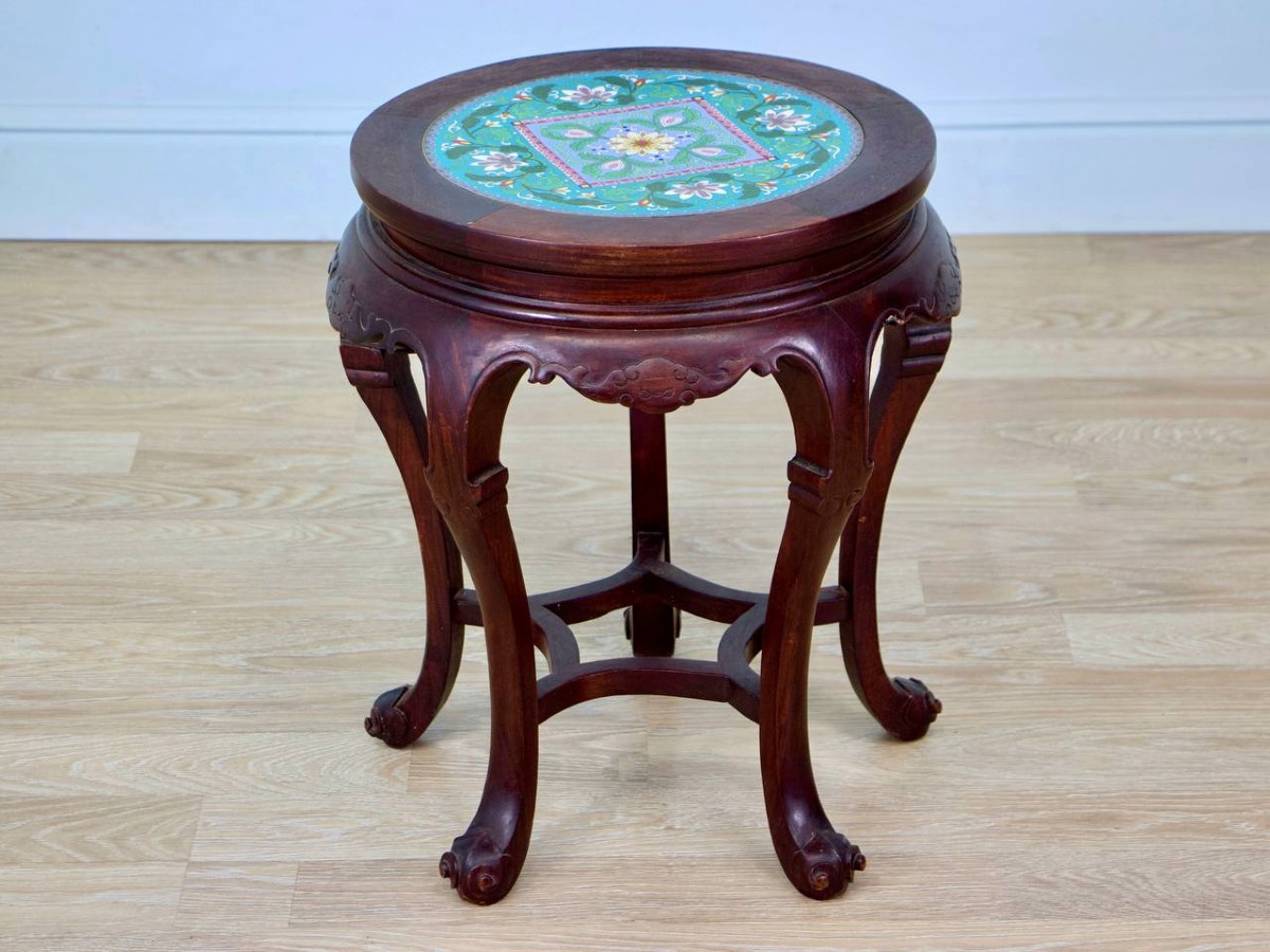Small Table, Side Table, Side Table, Wooden Stool And Central Plaque In Cloisonné Enamel