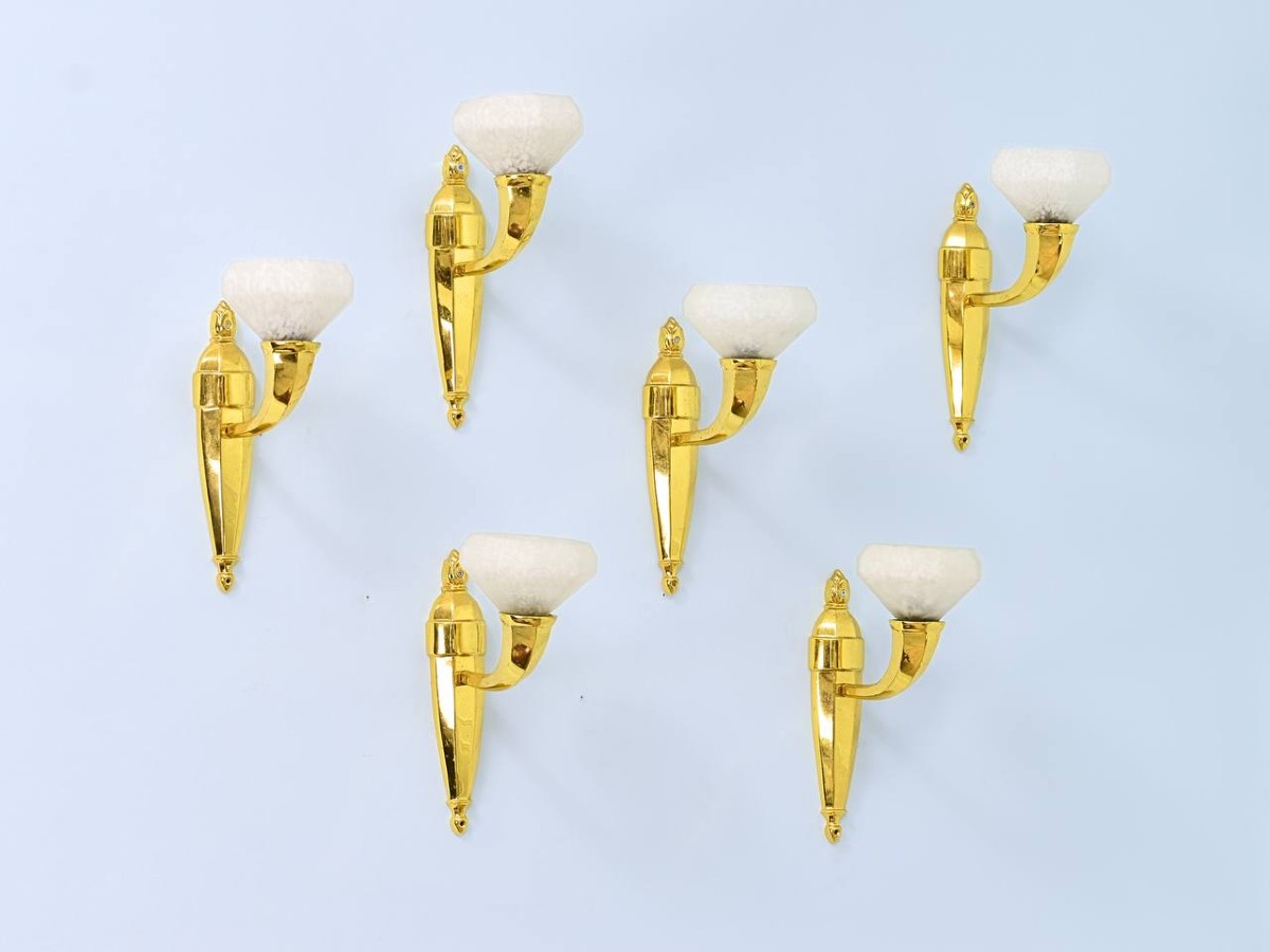 Appliques murales d'époque Art Deco Verre moucheté blanc,SCHNEIDER, Montures en bronze