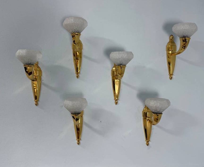 Appliques murales d'époque Art Deco Verre moucheté blanc,SCHNEIDER, Montures en bronze-photo-3