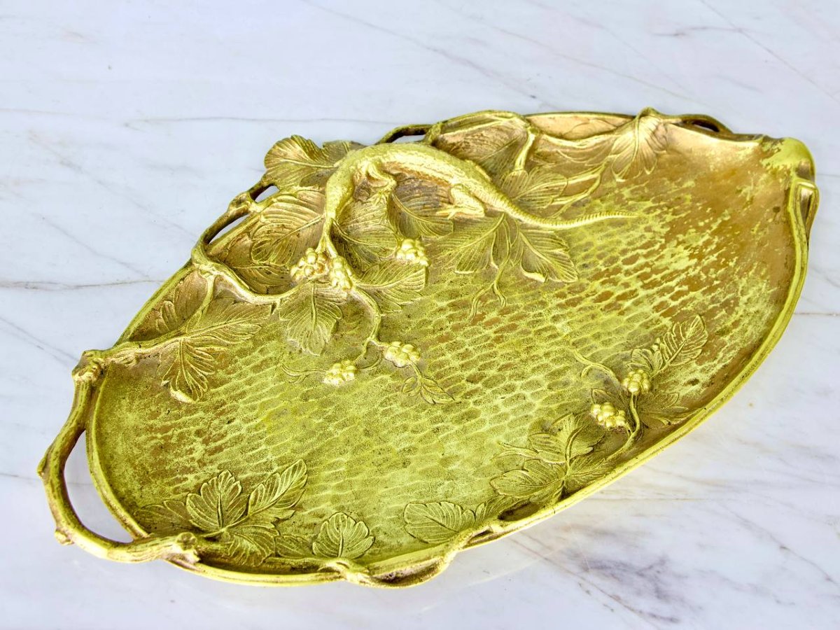 Art Nouveau Bronze Tray With Lizard Decor-photo-3