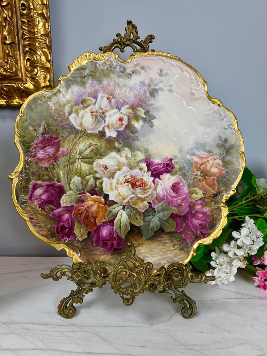 Les Roses, Paire De Plats Peints à La Main En Porcelaine De LIMOGES , FRANCE , ROBERT HAVILAND-photo-3