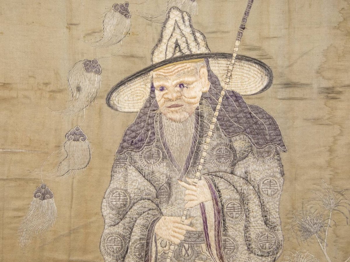 PANNEAU DE BRODERIE , BOUT DE SOIE ANCIEN , Berger - paysan IMMORTEL, ASIATIQUE.-photo-2