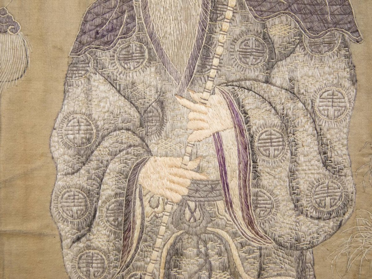 PANNEAU DE BRODERIE , BOUT DE SOIE ANCIEN , Berger - paysan IMMORTEL, ASIATIQUE.-photo-3