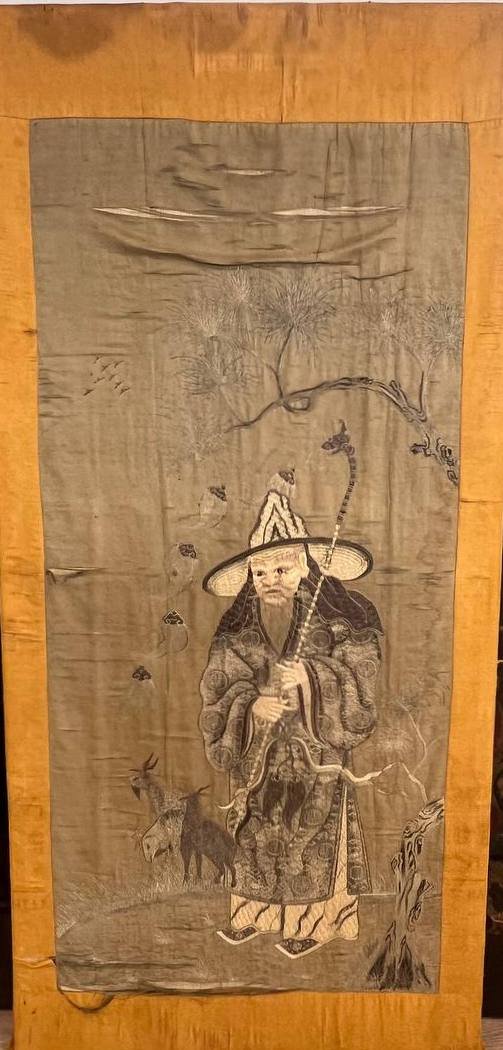 PANNEAU DE BRODERIE , BOUT DE SOIE ANCIEN , Berger - paysan IMMORTEL, ASIATIQUE.-photo-4