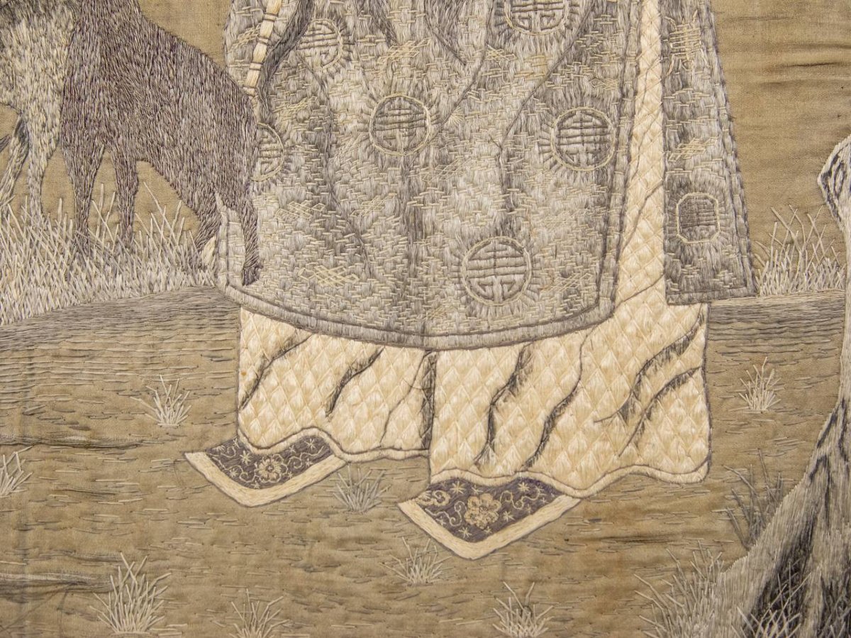 PANNEAU DE BRODERIE , BOUT DE SOIE ANCIEN , Berger - paysan IMMORTEL, ASIATIQUE.-photo-1
