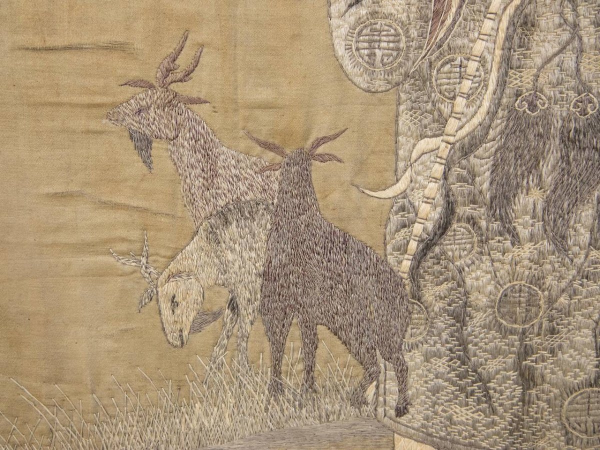 PANNEAU DE BRODERIE , BOUT DE SOIE ANCIEN , Berger - paysan IMMORTEL, ASIATIQUE.-photo-2