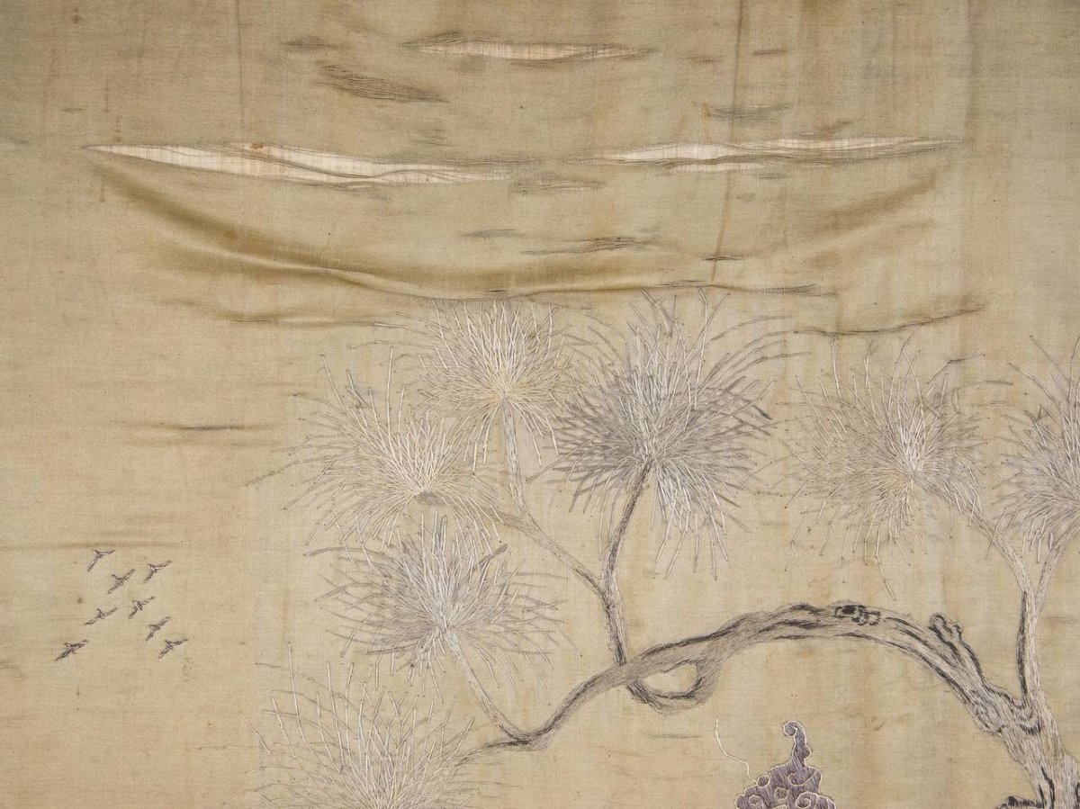 PANNEAU DE BRODERIE , BOUT DE SOIE ANCIEN , Berger - paysan IMMORTEL, ASIATIQUE.-photo-3