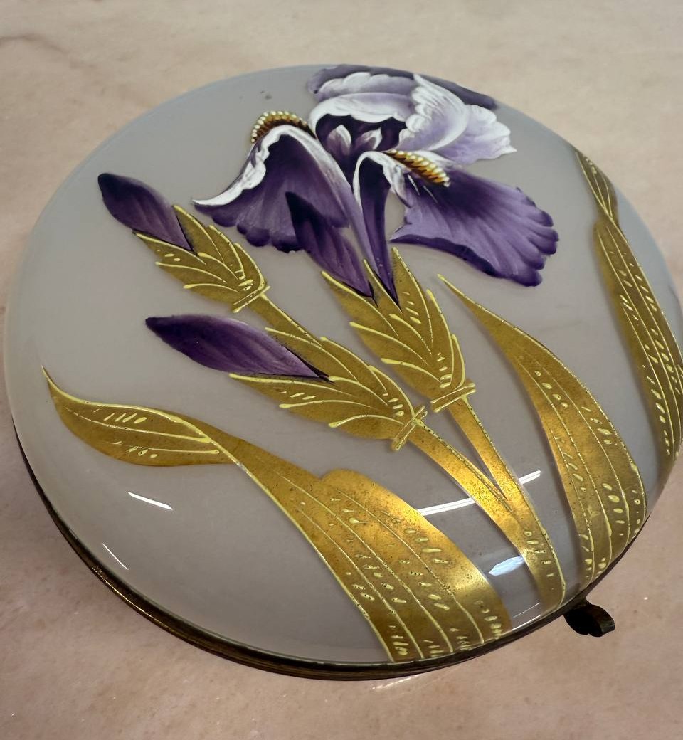 Boîte Art nouveau en verre émaillé décoration florale