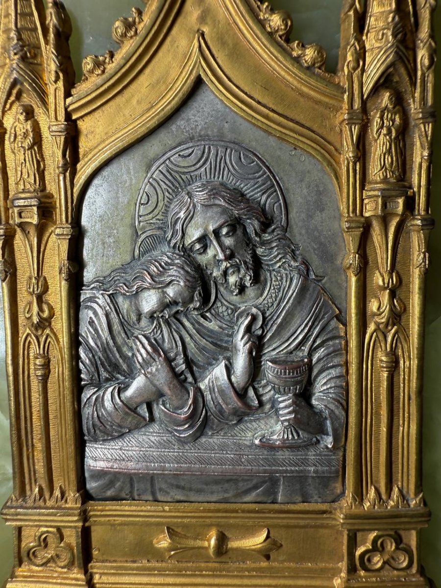 Antique Holy Water Font In Onyx, Gilt And Silvered Bronze And Spelter, Depicting Jesus And Mary Magdalene-photo-2