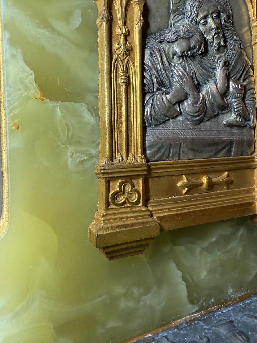 Antique Holy Water Font In Onyx, Gilt And Silvered Bronze And Spelter, Depicting Jesus And Mary Magdalene-photo-3