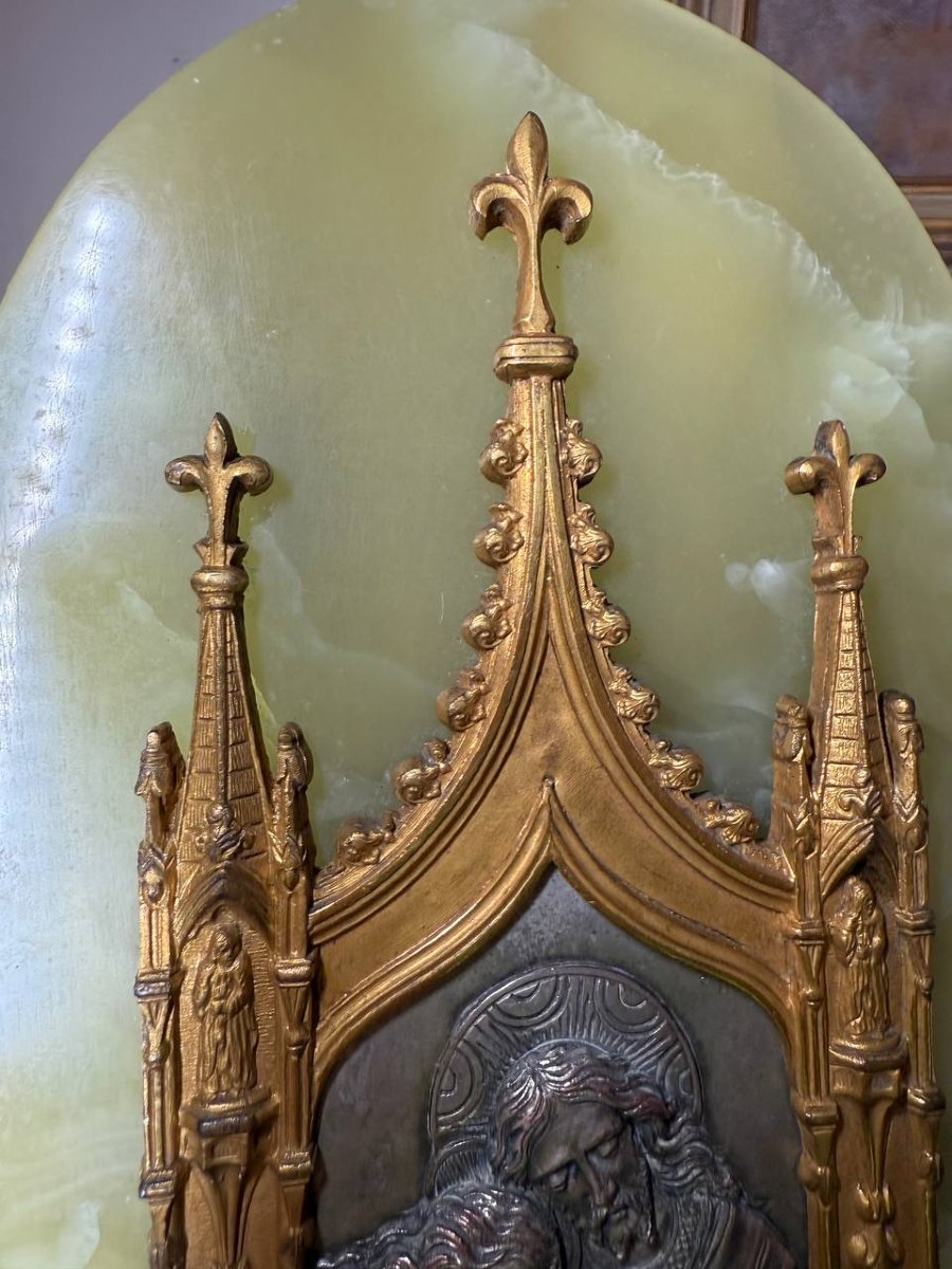 Antique Holy Water Font In Onyx, Gilt And Silvered Bronze And Spelter, Depicting Jesus And Mary Magdalene-photo-1