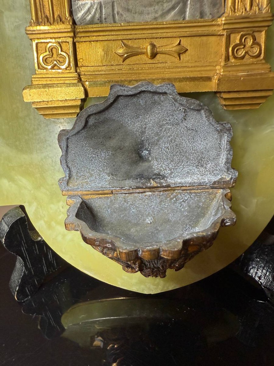 Antique Holy Water Font In Onyx, Gilt And Silvered Bronze And Spelter, Depicting Jesus And Mary Magdalene-photo-5