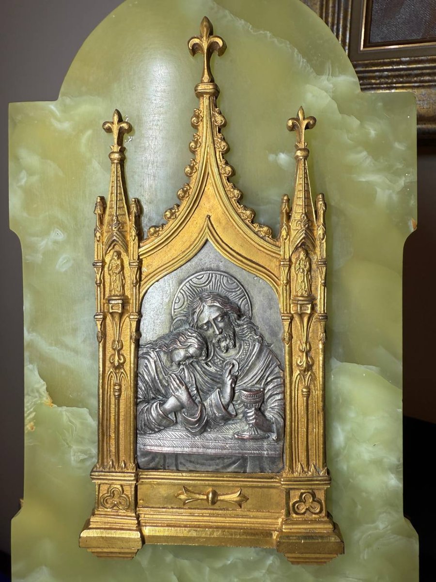Antique Holy Water Font In Onyx, Gilt And Silvered Bronze And Spelter, Depicting Jesus And Mary Magdalene-photo-8