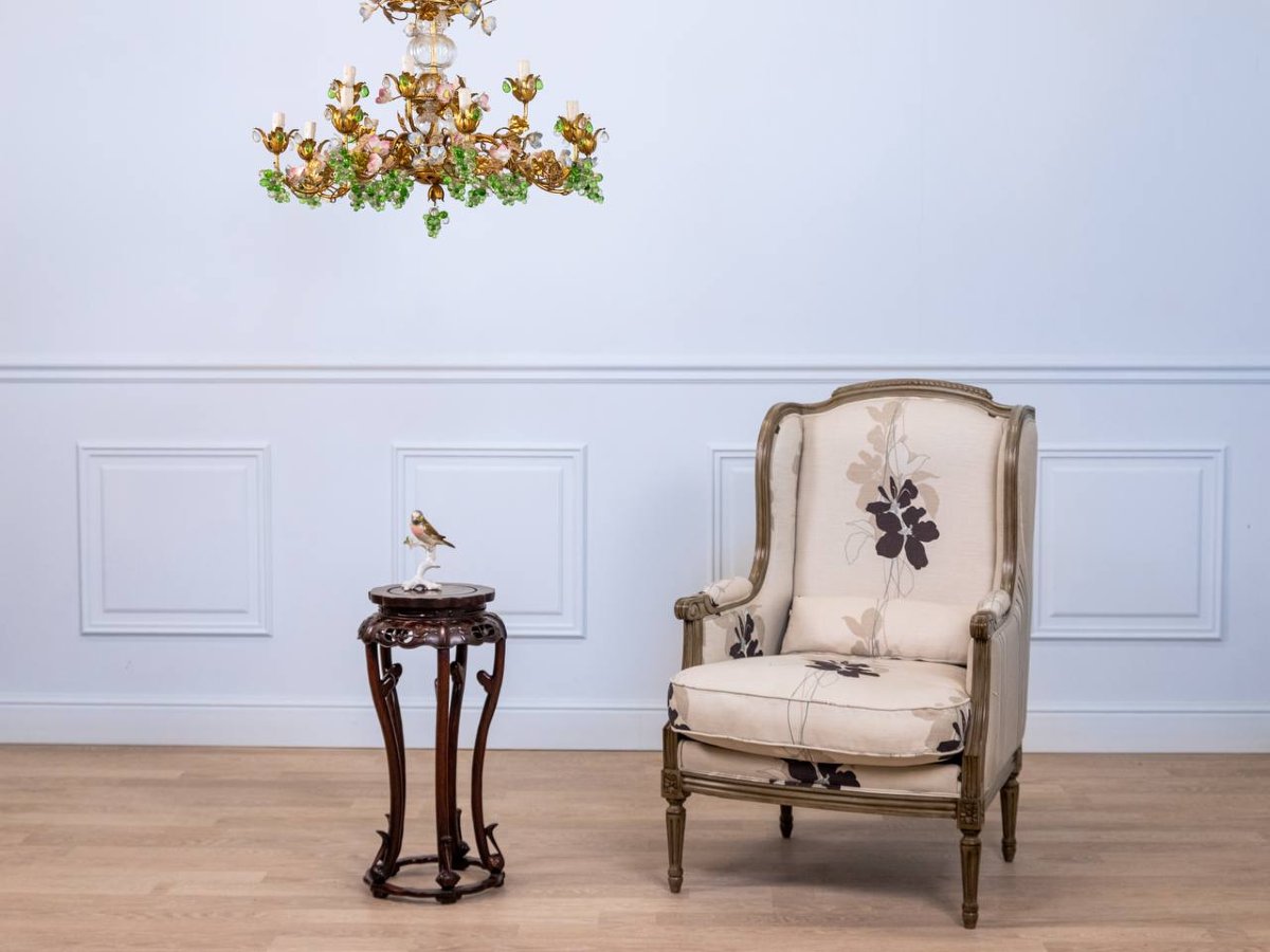 Lustre italien Louis XV,en tôle,métal doré,porcelaine,cristal et pampilles de grappes de raisin-photo-6