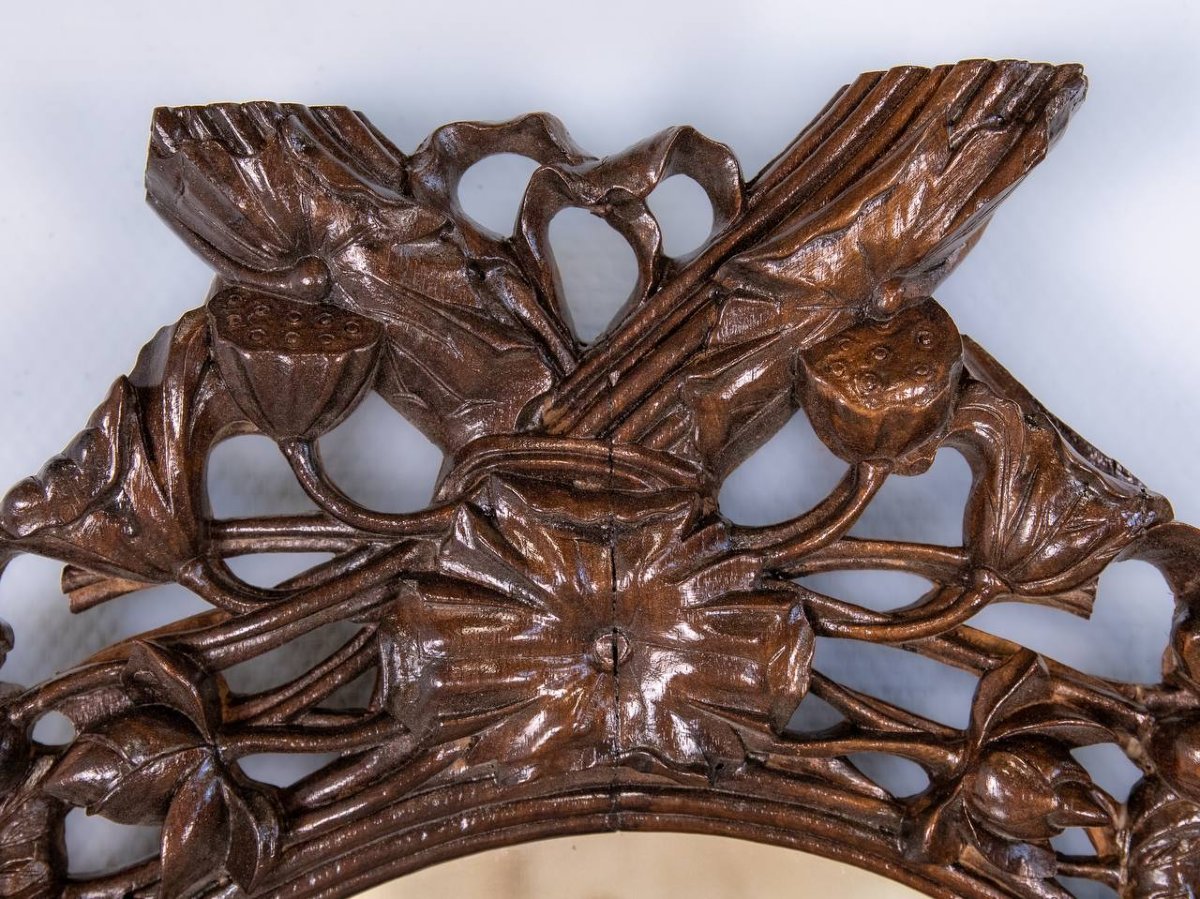 Miroir en bois ajouré sculpté, chinois ou japonais ou indochinois-photo-5