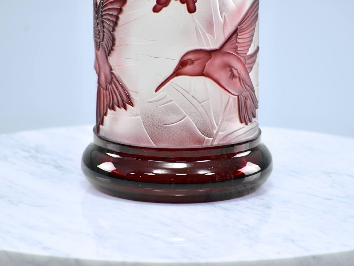 Hand-cut Bohemian Crystal Vase, Tropical Bird Motif-photo-4