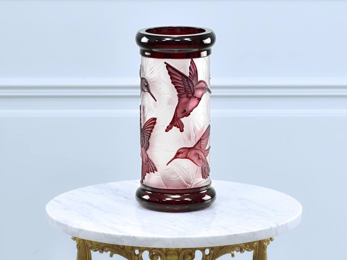 Hand-cut Bohemian Crystal Vase, Tropical Bird Motif