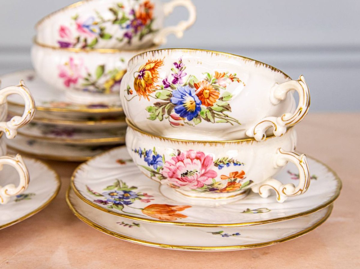 Vintage Sarreguemines Earthenware Tea Or Coffee Cups And Saucers, Saxony Pattern.-photo-2