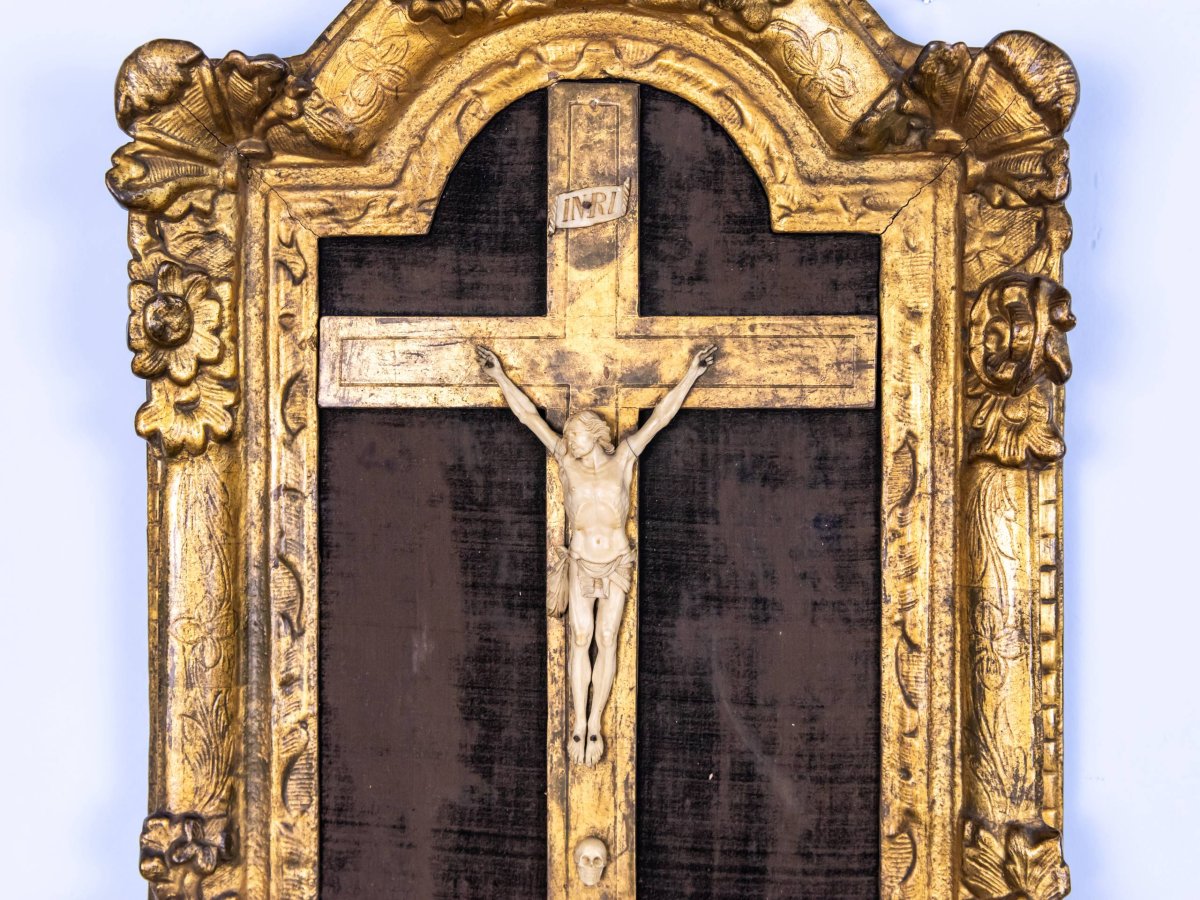 Crucifix In Its Original Frame - Ivory, Wood-photo-2