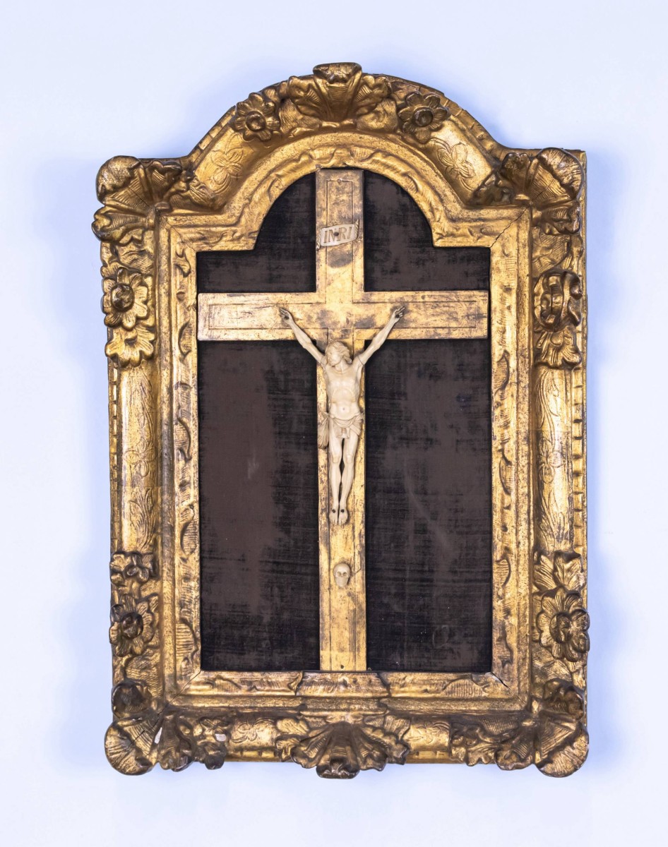 Crucifix In Its Original Frame - Ivory, Wood