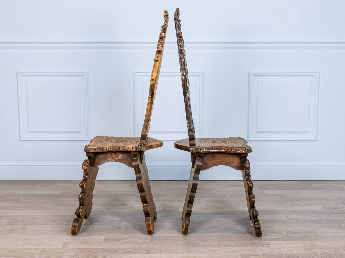 Chaises Sgabello Renaissance, ornées de chérubins ailés, de mascarons et de griffons.-photo-8