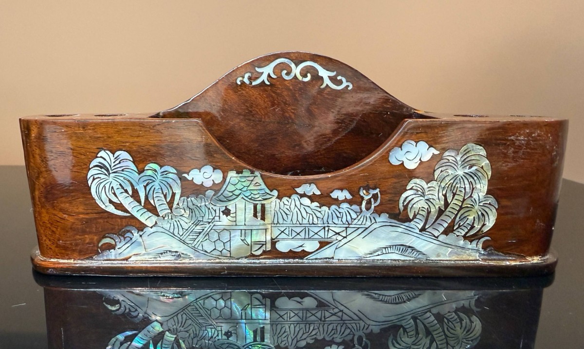 Porte-stylo et porte-lettres vintage traditionnel vietnamien laqué nacre