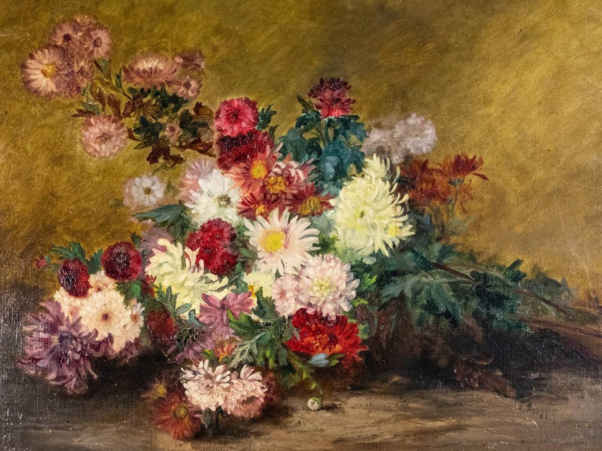 Oil On Canvas Depicting 19th-century Flowers-photo-2