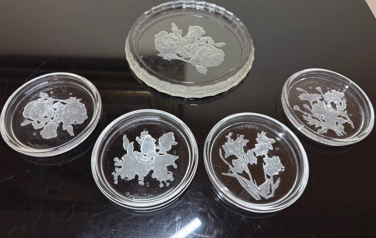 Val Saint Lambert Crystal Coaster And "flowers" Bottle-photo-2