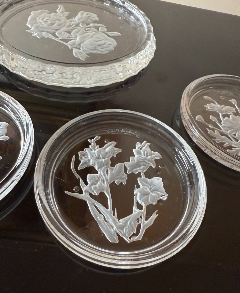 Val Saint Lambert Crystal Coaster And "flowers" Bottle-photo-3