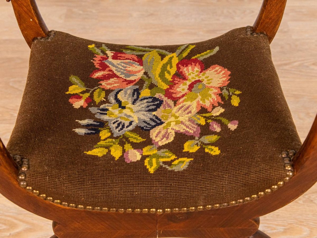 19th-century Curule Stool - Lion's Paw Feet And Swan's Neck Uprights-photo-2