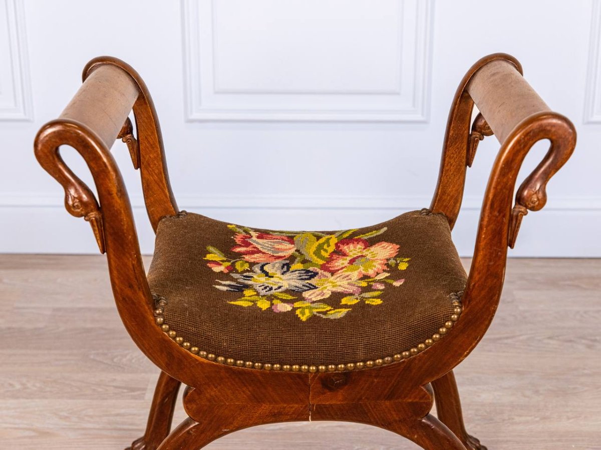 19th-century Curule Stool - Lion's Paw Feet And Swan's Neck Uprights-photo-4