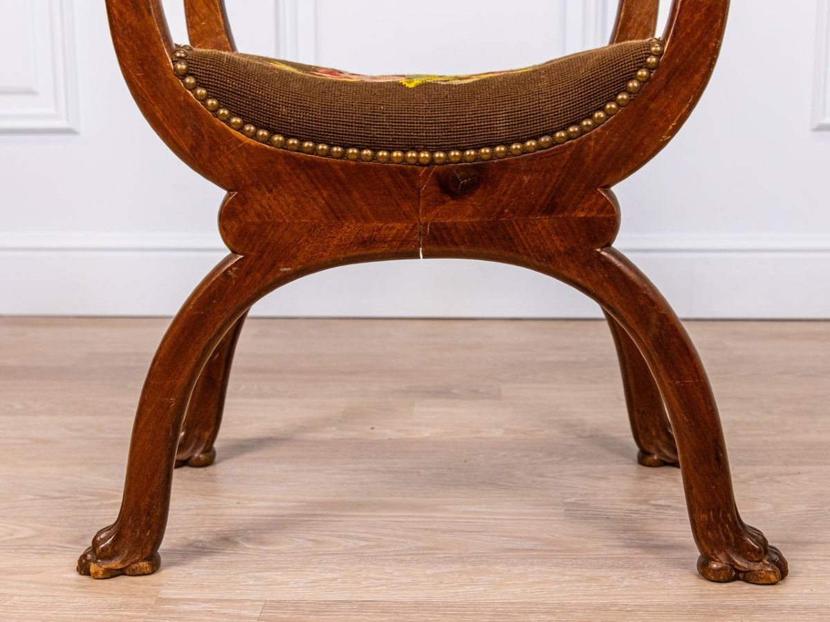 19th-century Curule Stool - Lion's Paw Feet And Swan's Neck Uprights-photo-1