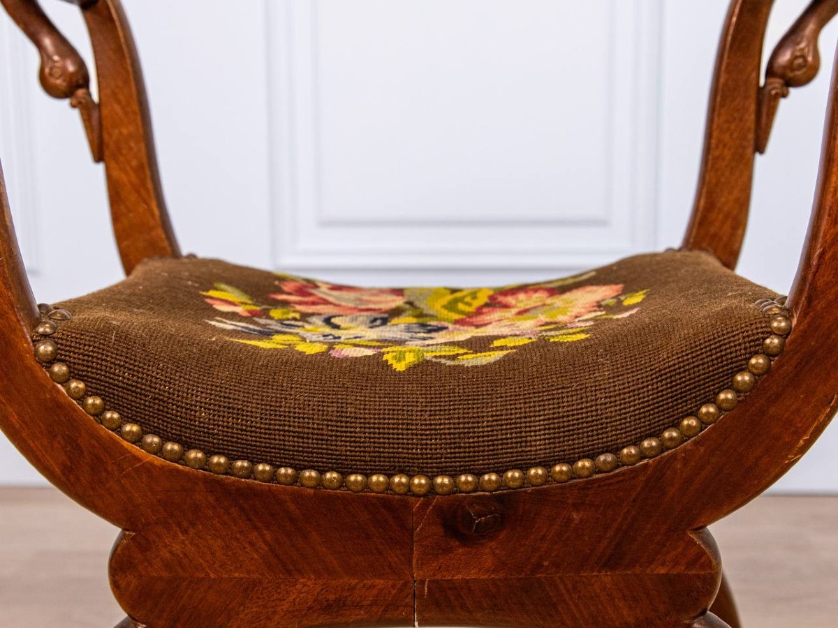 19th-century Curule Stool - Lion's Paw Feet And Swan's Neck Uprights-photo-2